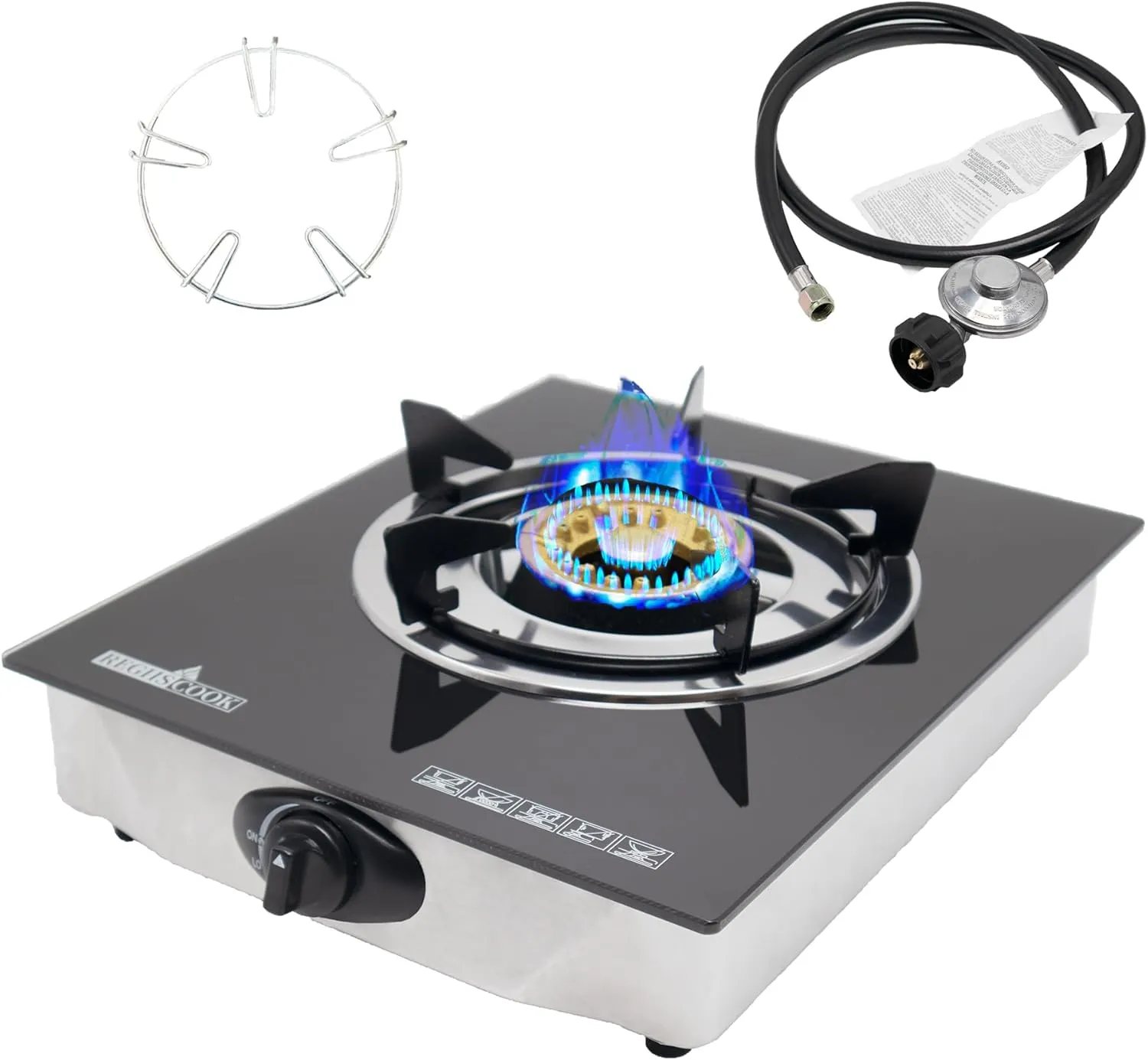 1 Burner Propane Gas Cooktop,Camping Portable LPG Gas Stove, Auto Ignition Tempered Glass Countertop regulator and burner grate