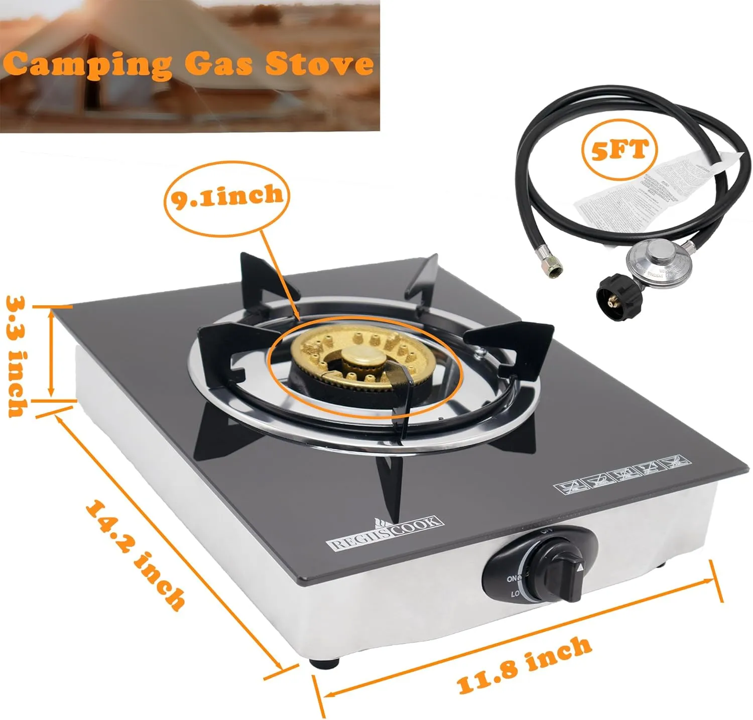 1 Burner Propane Gas Cooktop,Camping Portable LPG Gas Stove, Auto Ignition Tempered Glass Countertop regulator and burner grate