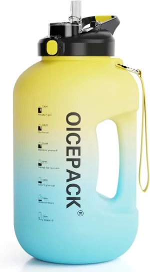 1 Gallon Water Bottle with Straw & Chug lid (optional), BPA Free 128oz Large Water Bottle with Motivational Time Marker and Handle Leak-proof Big Jug (Yellow/Blue Gradient)