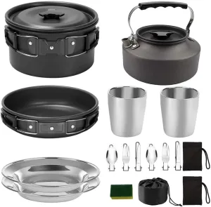 1 Set Outdoor Pans Camping Cookware Picnic Cooking Set Non-Stick Tableware with Foldable Spoon Fork Knife Kettle Cup