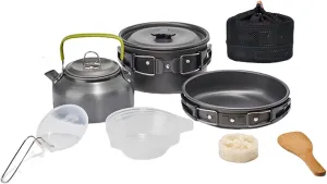 10Pcs Camping Cookware Mess Kit, Camping Cookware Kit with Folding Pan Pot Kettle Spoon Bowl, Backpacking Picnic Cooking Bowl Non Stick Pot Knife Spoon Set for Camping, Outdoor Black