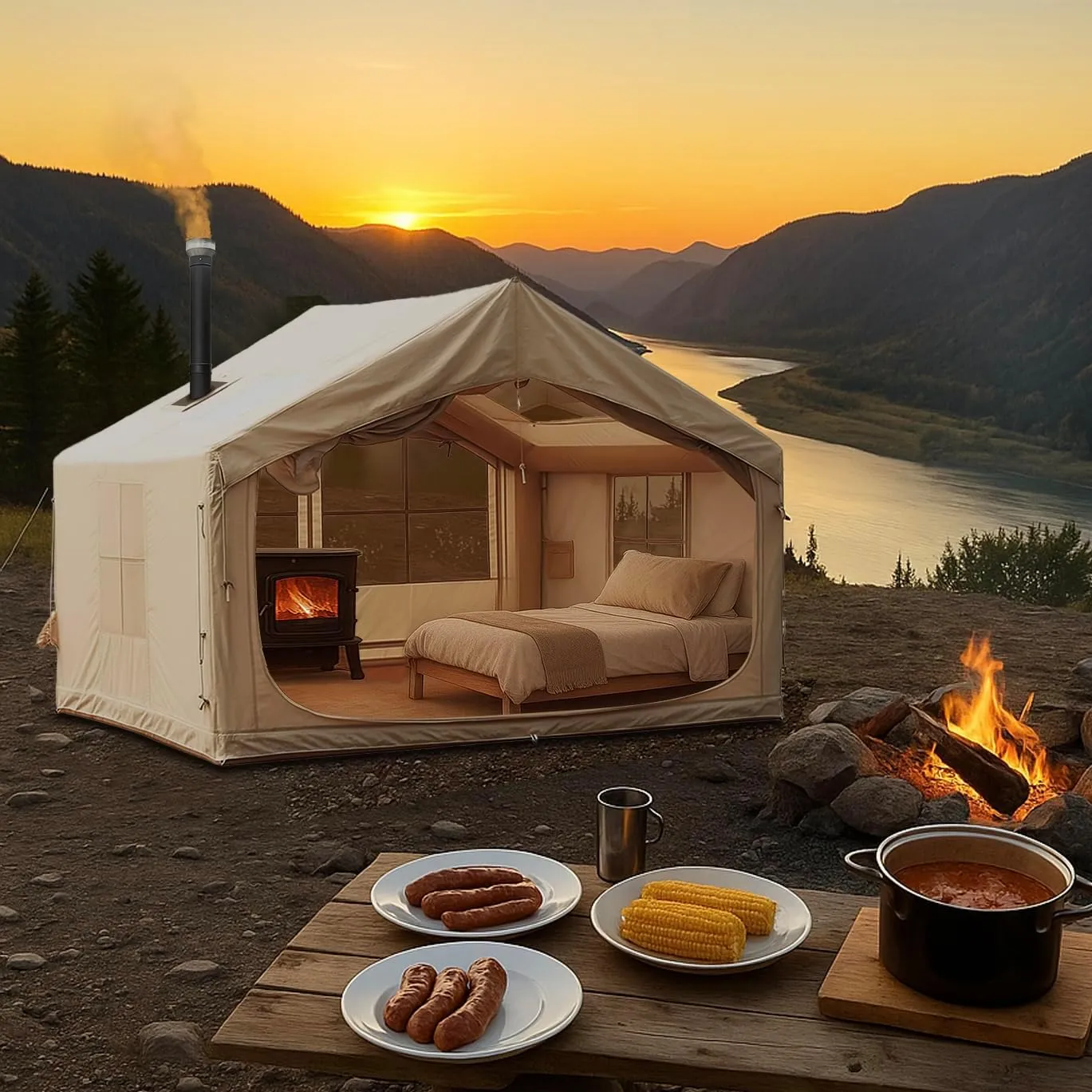 10'x 8' Inflatable Camping Tent,4 Season Blow up Tents for Camping,Large Inflatable Tent 6-8 Person,Air Tents,Glamping Tent with Jack Stove,AC Vent,Outdoor Camping