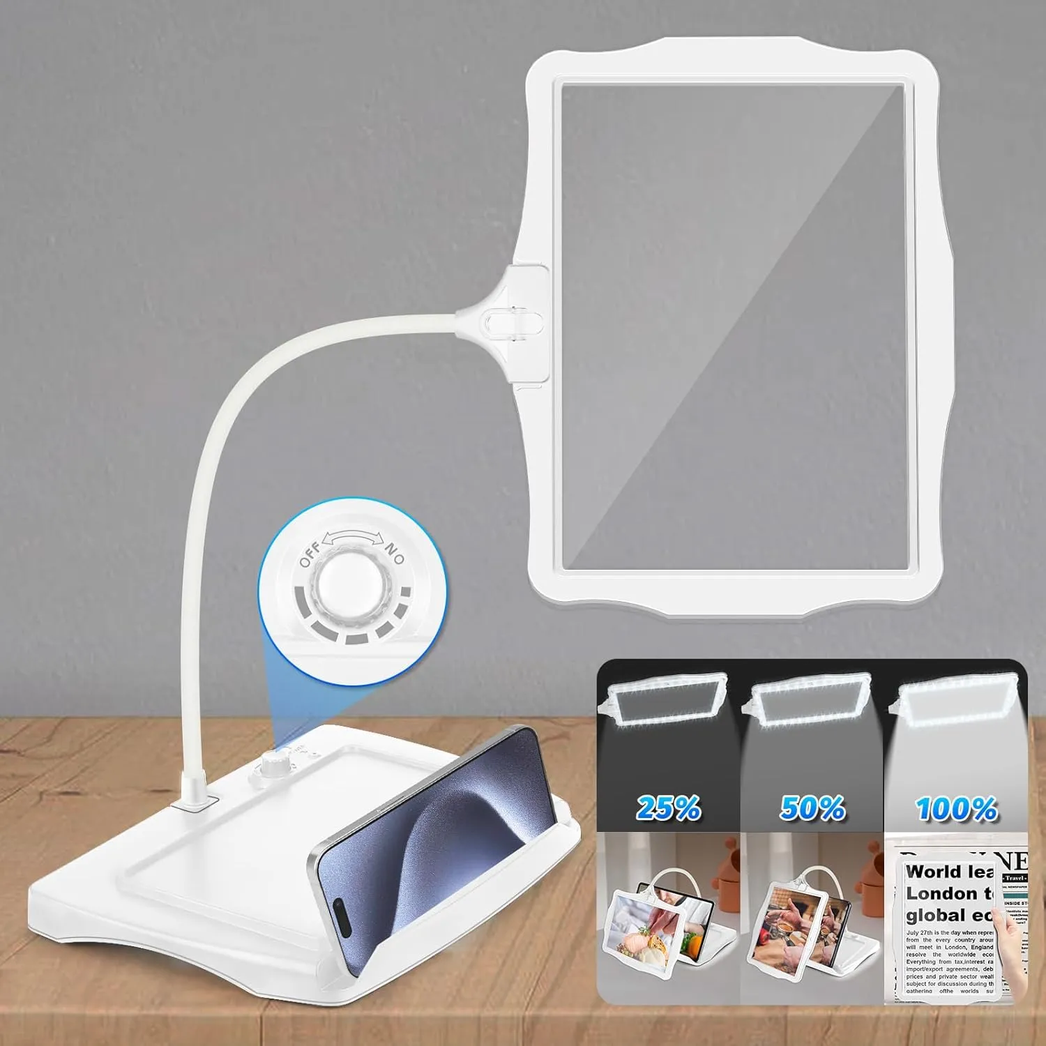 10X Large Rechargeable Magnifying Glass with Light and Stand, 50 LED Flexible Gooseneck Hands Free Magnifying Desk Lamp,Large Page Magnifier for Reading,Sewing,Crafts,Painting,DIY,Close Work W01