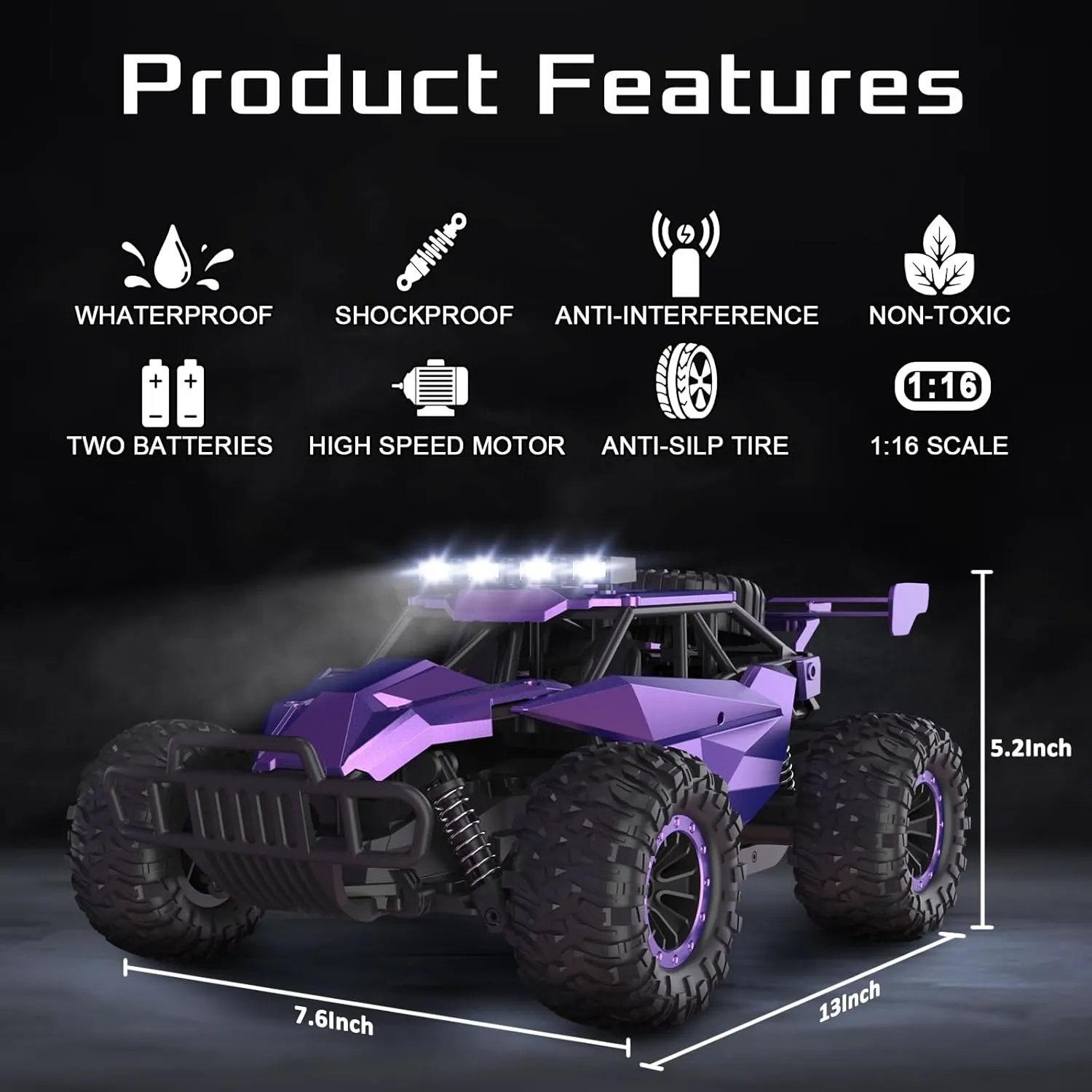 1:16 Scale Purple Remote Control Car, 20 Km/h High Speed Girls Remote Control Car Monster Vehicle with LED Headlights and Chassis Lights, RC Truck for Girls Boys and Adults