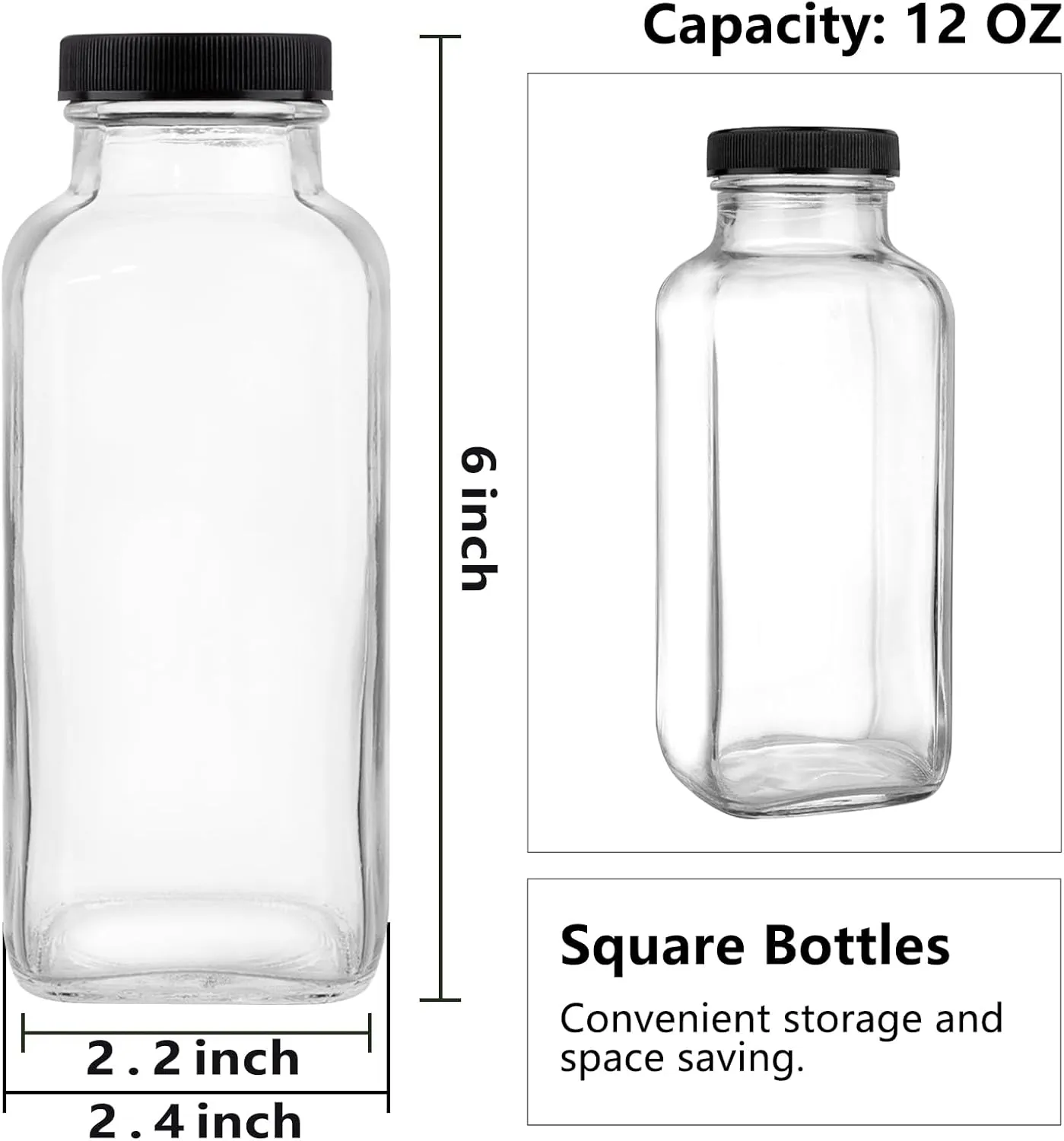 12 Pack Glass Drink Bottles, 12 OZ Vintage Square Water Bottles with Lids, Juice Bottles Beverages Containers for Milk, Kombucha, Smoothies