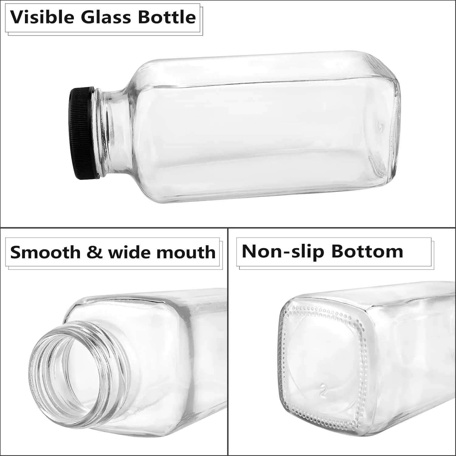 12 Pack Glass Drink Bottles, 12 OZ Vintage Square Water Bottles with Lids, Juice Bottles Beverages Containers for Milk, Kombucha, Smoothies
