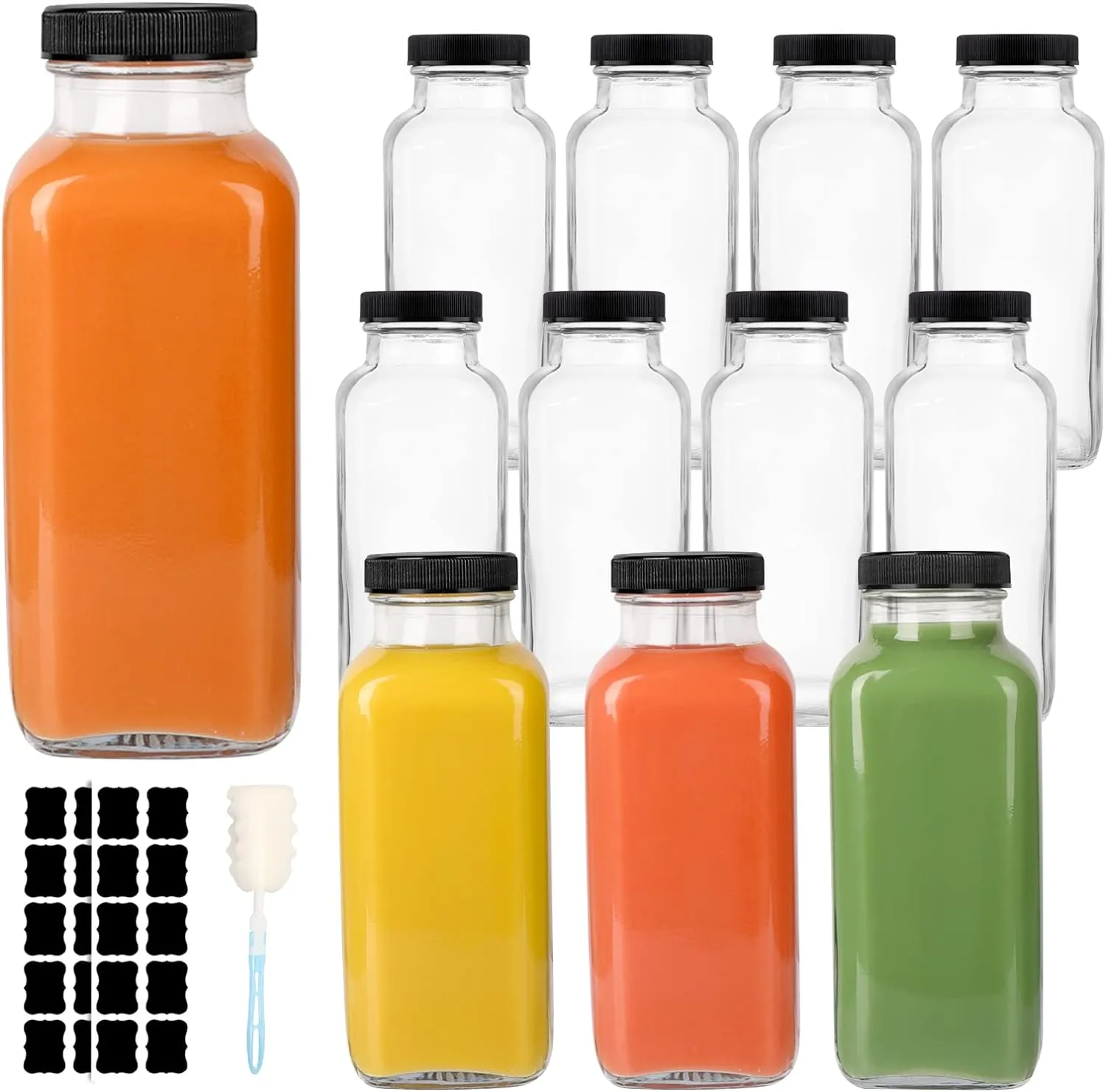 12 Pack Glass Drink Bottles, 12 OZ Vintage Square Water Bottles with Lids, Juice Bottles Beverages Containers for Milk, Kombucha, Smoothies