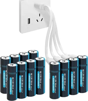 12 Pack USB Rechargeable AA Batteries with 4 in 1 Charging Cable, 1.5V Lithium Double A Size Battery for Blink Outdoor Camera,2100mAh (3150mWh)
