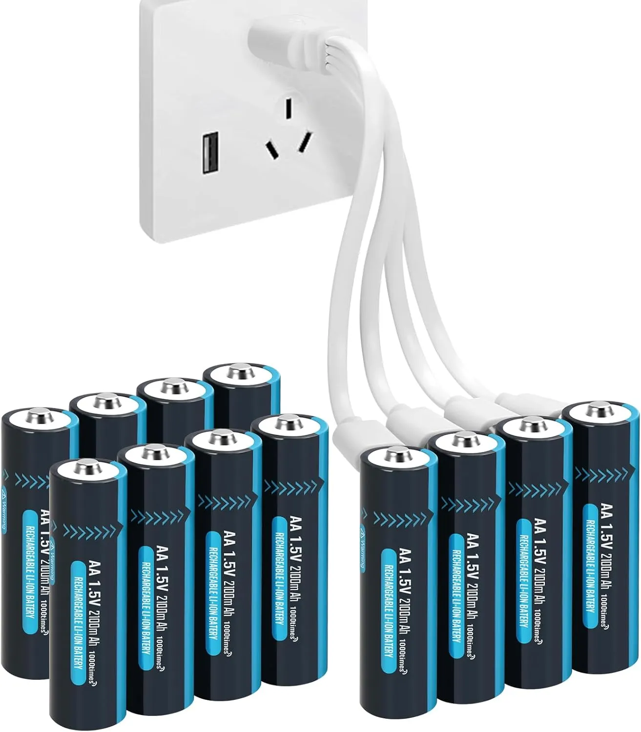 12 Pack USB Rechargeable AA Batteries with 4 in 1 Charging Cable, 1.5V Lithium Double A Size Battery for Blink Outdoor Camera,2100mAh (3150mWh)