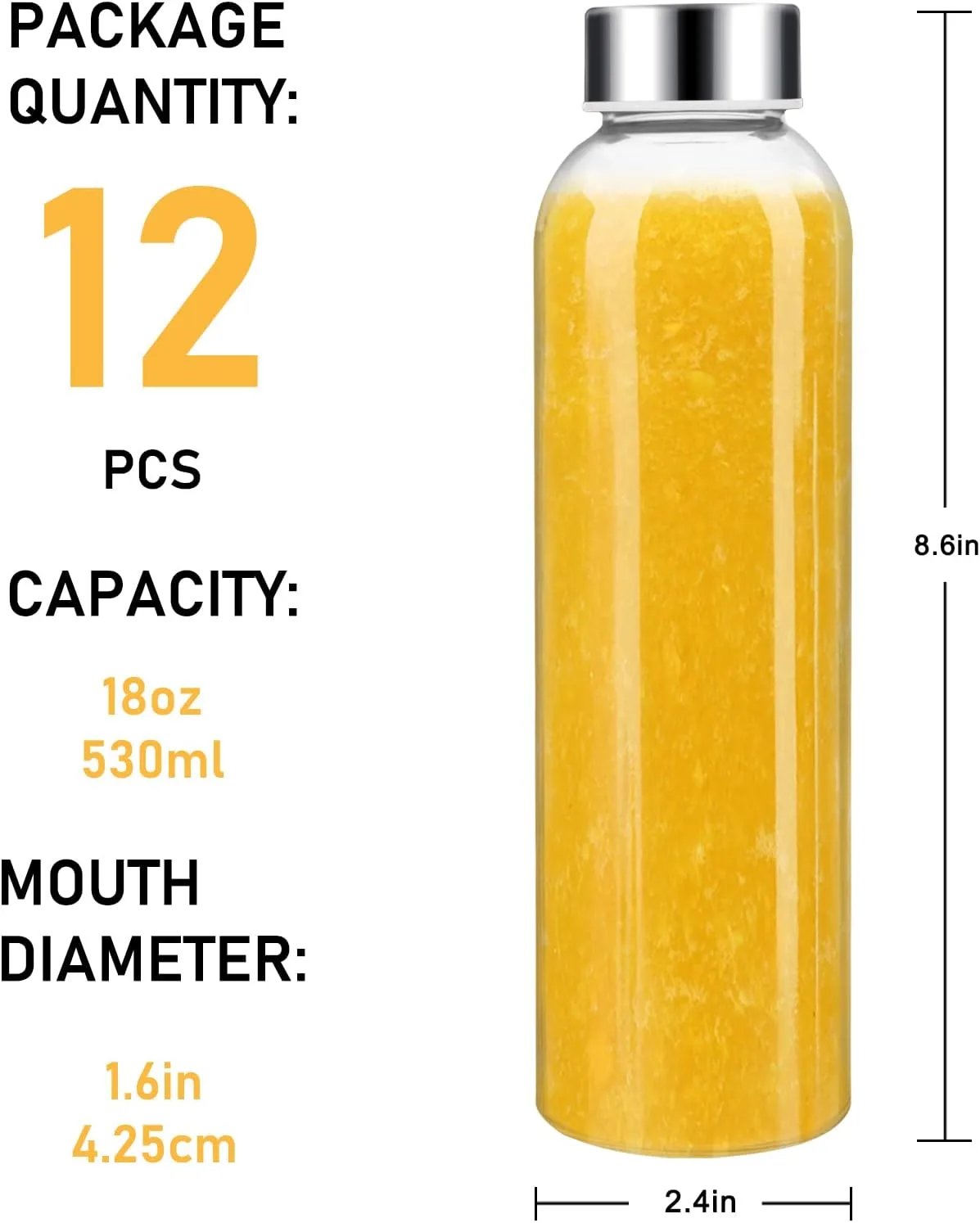 [12 Pack]18 oz Glass Water Bottles with Lids, Juice Bottles, Clear glass juice bottle for juicing, Eco-Friendly Reusable Glass Juicing Bottles with Stainless Steel Lid, BPA Free,Leak-Proof