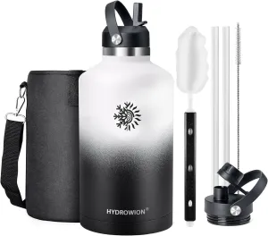 128 oz Water Bottle with 2 Lids, One Gallon Double Wall Vacuum Insulated Stainless Steel Water Jug, Includes Carrying Pouch, Wide Mouth Metal Canteen for Gym, Sports, and Camping, White - Black.