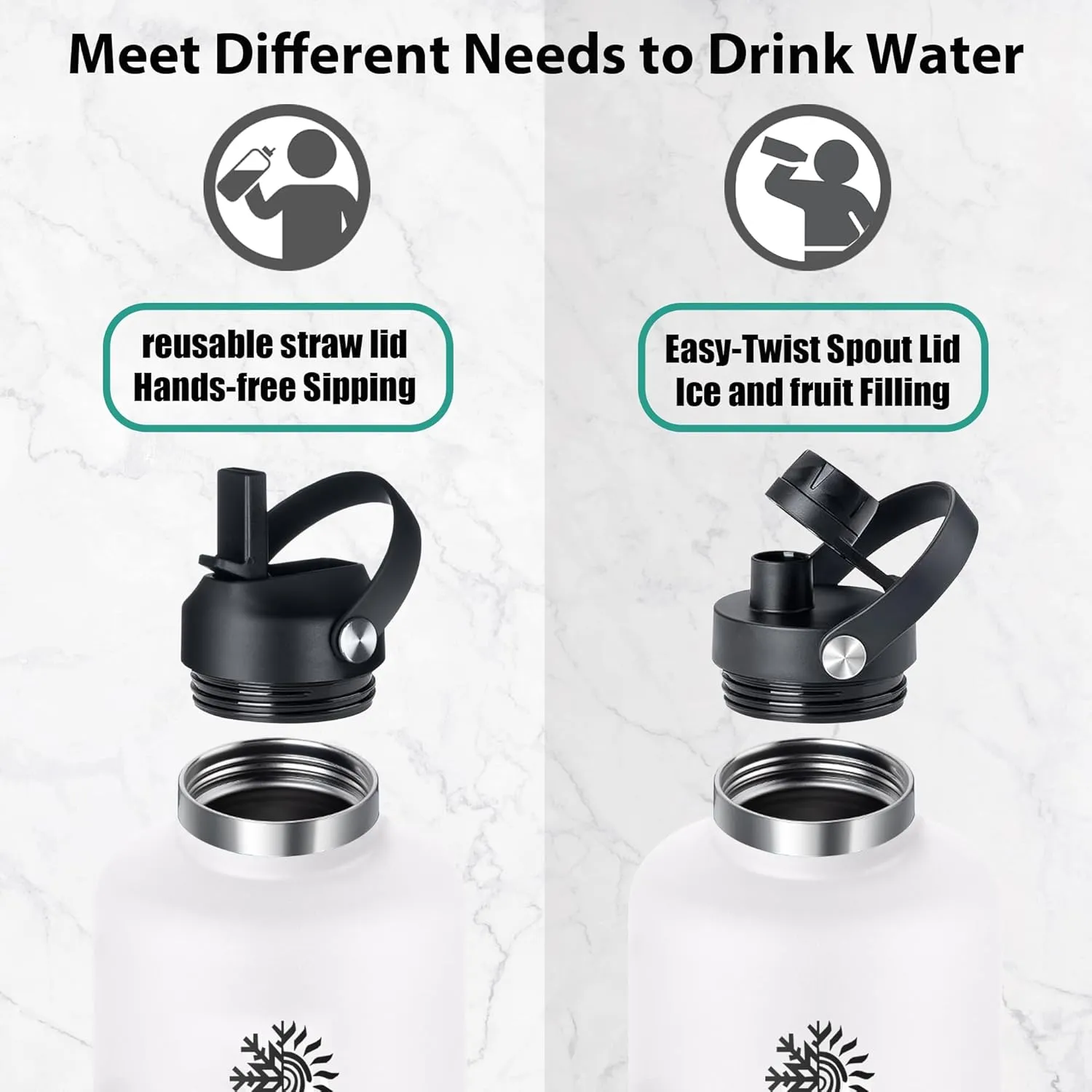 128 oz Water Bottle with 2 Lids, One Gallon Double Wall Vacuum Insulated Stainless Steel Water Jug, Includes Carrying Pouch, Wide Mouth Metal Canteen for Gym, Sports, and Camping, White - Black.
