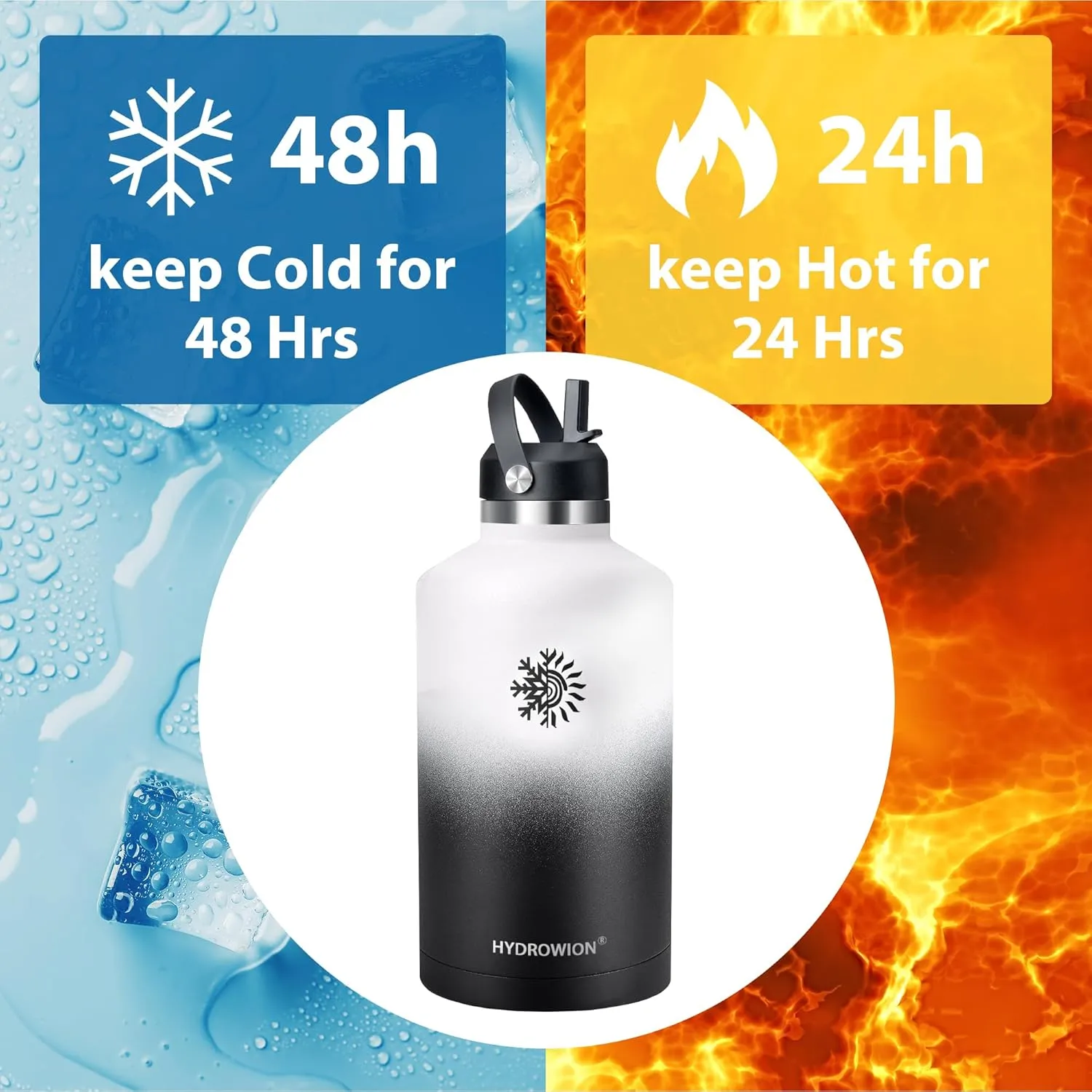 128 oz Water Bottle with 2 Lids, One Gallon Double Wall Vacuum Insulated Stainless Steel Water Jug, Includes Carrying Pouch, Wide Mouth Metal Canteen for Gym, Sports, and Camping, White - Black.
