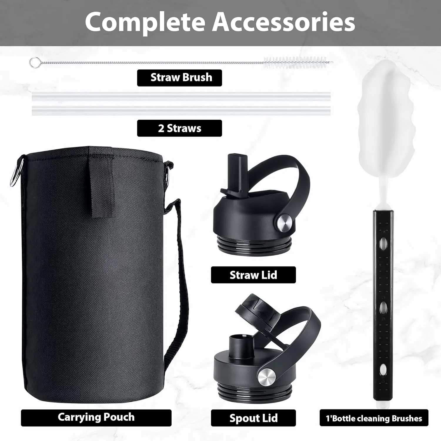 128 oz Water Bottle with 2 Lids, One Gallon Double Wall Vacuum Insulated Stainless Steel Water Jug, Includes Carrying Pouch, Wide Mouth Metal Canteen for Gym, Sports, and Camping, White - Black.