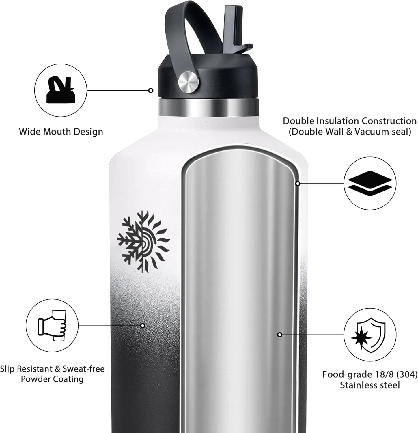 128 oz Water Bottle with 2 Lids, One Gallon Double Wall Vacuum Insulated Stainless Steel Water Jug, Includes Carrying Pouch, Wide Mouth Metal Canteen for Gym, Sports, and Camping, White - Black.