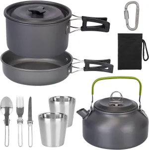 12Pcs Camping Cookware Set, Camping Stove Aluminum Pot Pans Kit, Camping Pots and Pans Set, Stainless Steel Cups Plates Forks Knives Spoons for Hiking Camping Backpacking