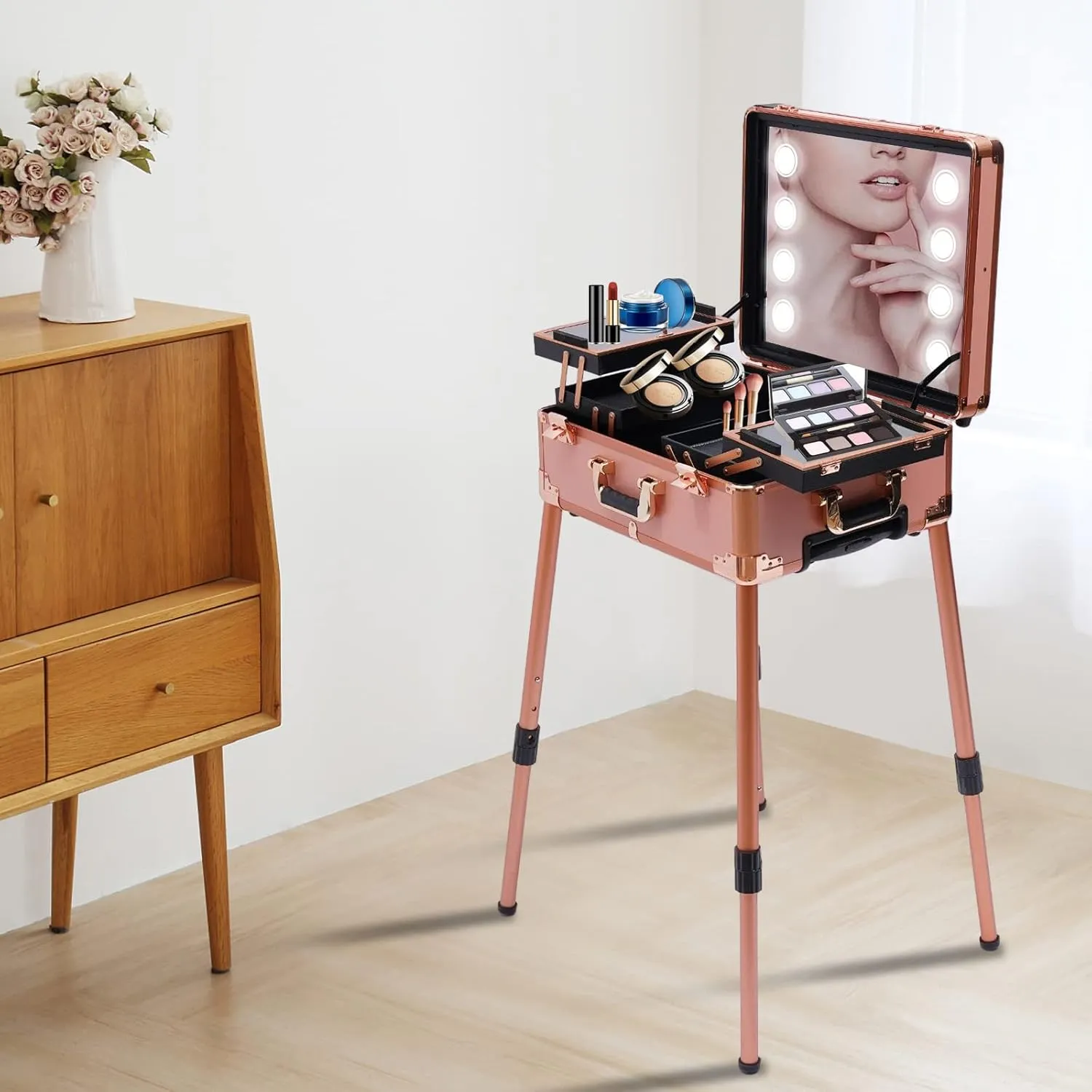12V Rolling Makeup Train Case Professional Cosmetic Travel Case with Lighted Mirror,Adjustable Legs Large Make up Cosmetic Orgainzer Box Travel Case,20.5 * 15.7 * 52.4inch (Rose Gold)
