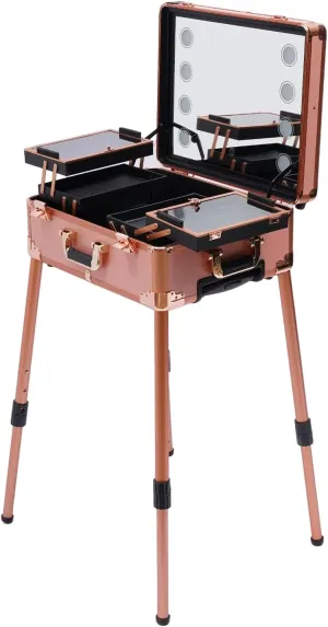 12V Rolling Makeup Train Case Professional Cosmetic Travel Case with Lighted Mirror,Adjustable Legs Large Make up Cosmetic Orgainzer Box Travel Case,20.5 * 15.7 * 52.4inch (Rose Gold)