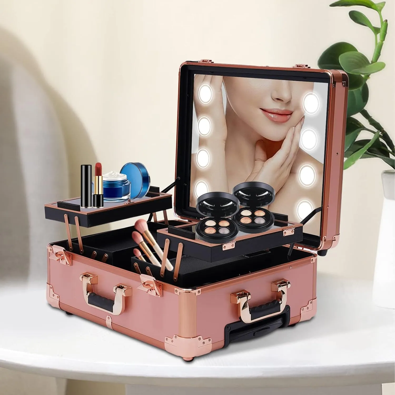12V Rolling Makeup Train Case Professional Cosmetic Travel Case with Lighted Mirror,Adjustable Legs Large Make up Cosmetic Orgainzer Box Travel Case,20.5 * 15.7 * 52.4inch (Rose Gold)