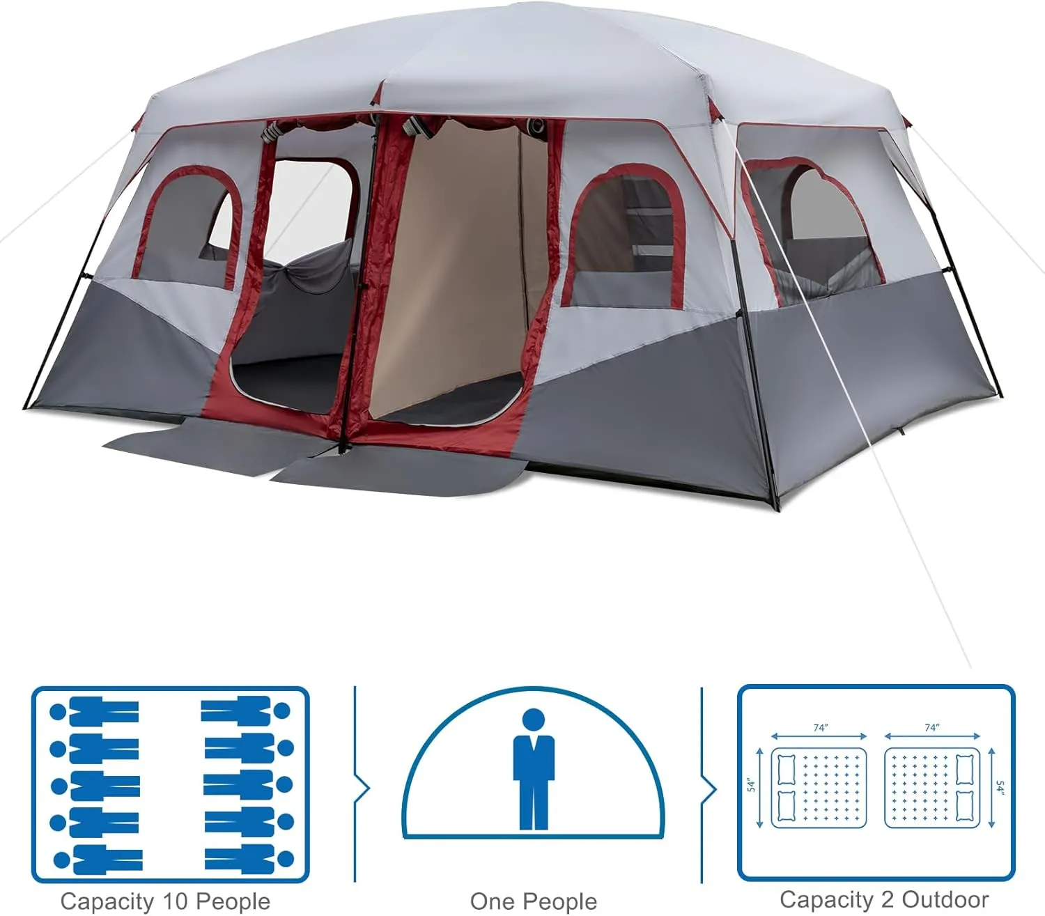 14 Person Camping Tent, All-Weather Pop Up Sun Shelter Tents, Lightweight Portable Easy Setup Outdoor Beach Tent with Mesh Windows and Carrying Bag for Hiking Travel Backpacking, Red & White