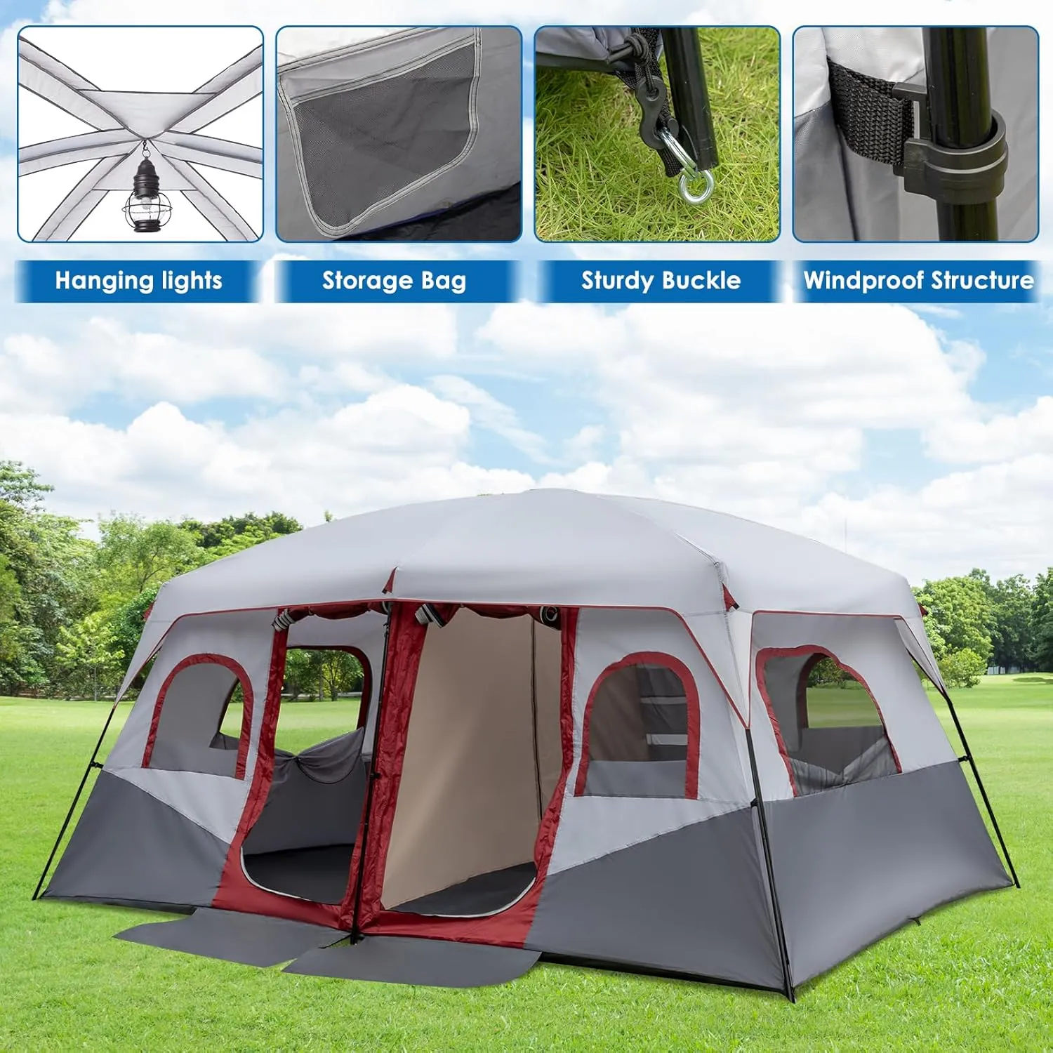 14 Person Camping Tent, All-Weather Pop Up Sun Shelter Tents, Lightweight Portable Easy Setup Outdoor Beach Tent with Mesh Windows and Carrying Bag for Hiking Travel Backpacking, Red & White