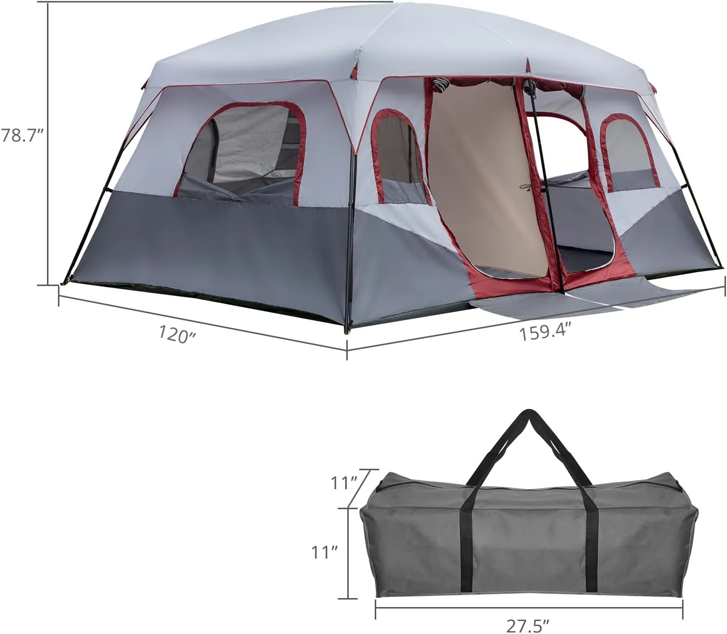 14 Person Camping Tent, All-Weather Pop Up Sun Shelter Tents, Lightweight Portable Easy Setup Outdoor Beach Tent with Mesh Windows and Carrying Bag for Hiking Travel Backpacking, Red & White
