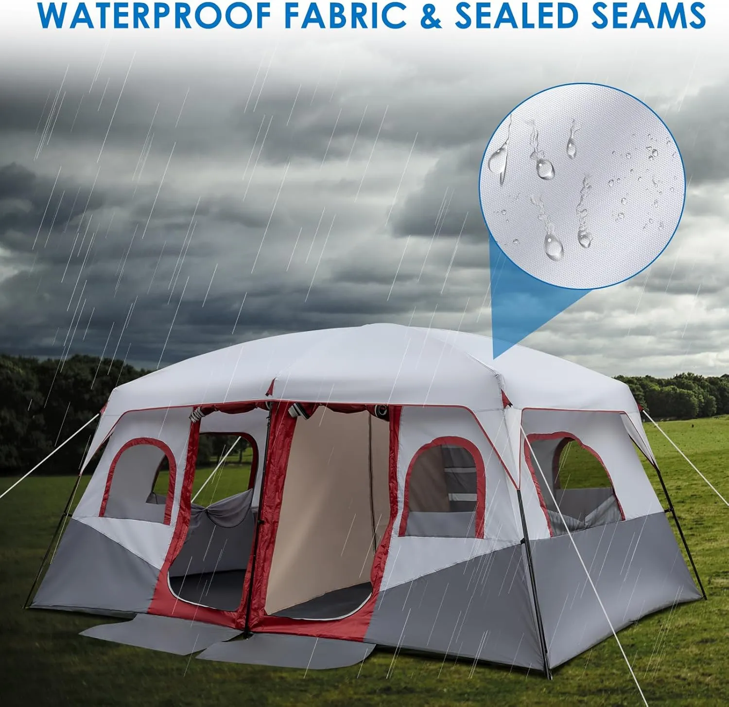 14 Person Camping Tent, All-Weather Pop Up Sun Shelter Tents, Lightweight Portable Easy Setup Outdoor Beach Tent with Mesh Windows and Carrying Bag for Hiking Travel Backpacking, Red & White