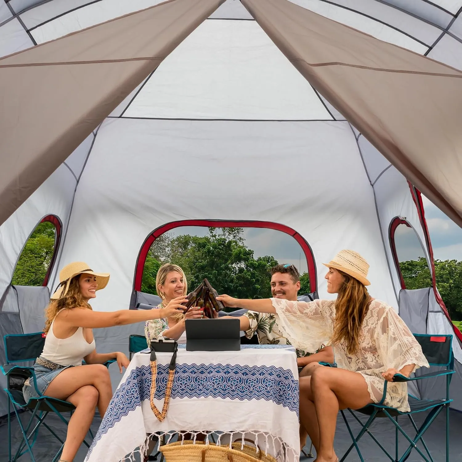 14 Person Camping Tent, All-Weather Pop Up Sun Shelter Tents, Lightweight Portable Easy Setup Outdoor Beach Tent with Mesh Windows and Carrying Bag for Hiking Travel Backpacking, Red & White