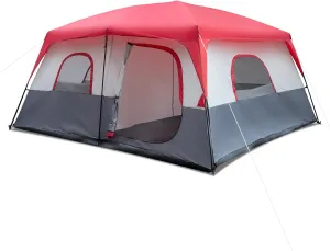 14-Person Camping Tent, Red and White, Polyester Cloth with Fiberglass Poles, Large Family Cabin Tent for Outdoor Adventures