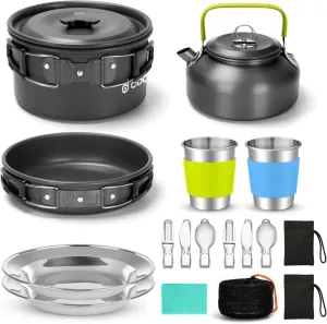 15 Piece Camping Cookware Cutlery Set, Non Stick Lightweight Pot Plate Kettle Set with Stainless Steel Cup, Plate, Fork, Knife, Spoon for Camping, Backpacking, Outdoor Cooking and Picnic