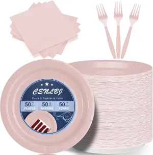 150 Pcs Pink Paper Plates and Napkins and Forks,50 Guest Disposable Party Supplies Include Plates Napkins Plastic Forks for Baby Shower,Birthday,Bridal,Wedding