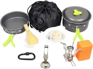 16 Pcs Camping Cookware Set Mess Kit Backpacking Cookset Outdoor Hiking Picnic Non-Stick Cooking Anodized Aluminum Pot Pans Folding Utensils (Color : 12 Pcs B-Green)