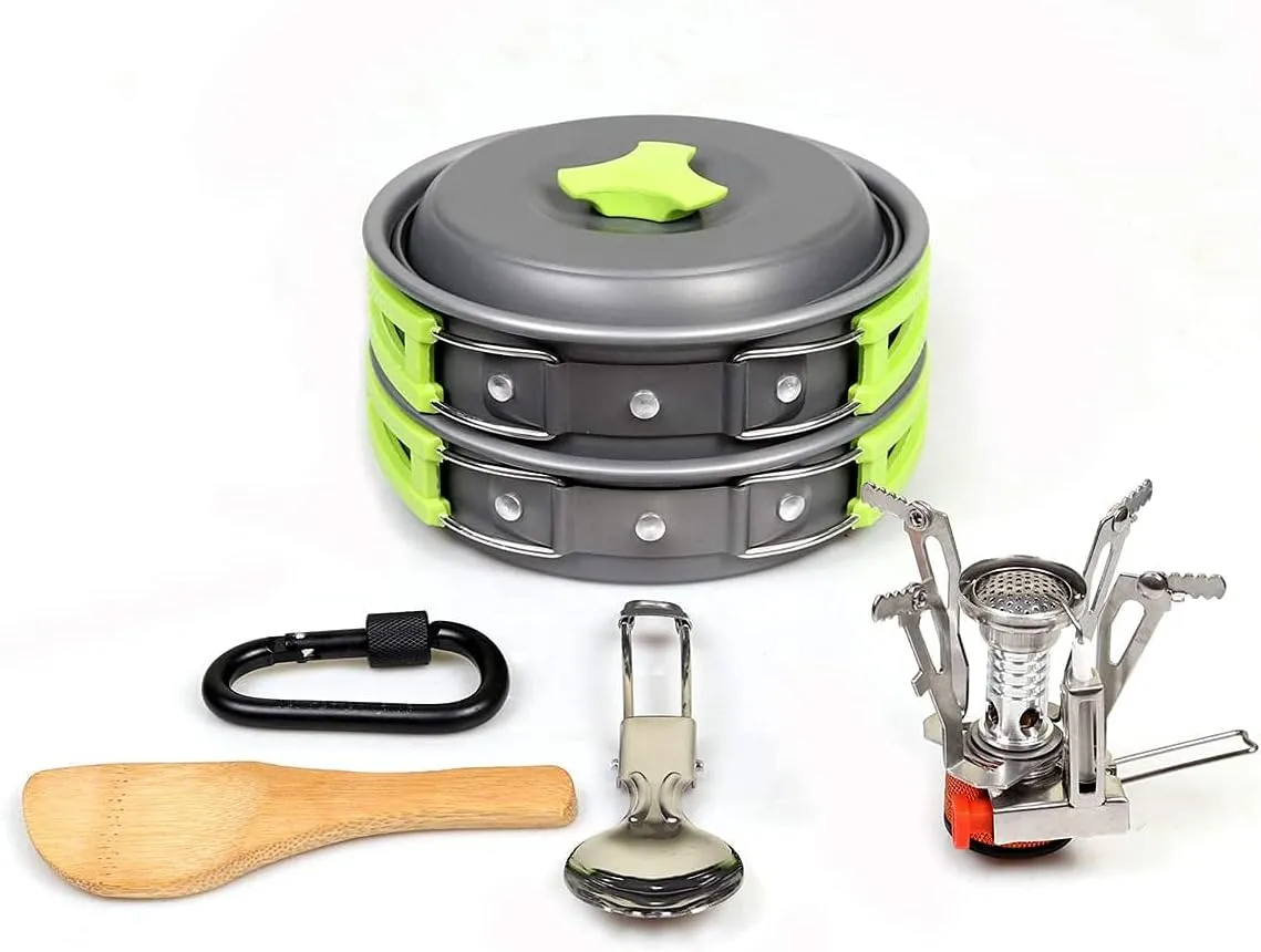 16 Pcs Camping Cookware Set Mess Kit Backpacking Cookset Outdoor Hiking Picnic Non-Stick Cooking Anodized Aluminum Pot Pans Folding Utensils (Color : 12 Pcs B-Green)