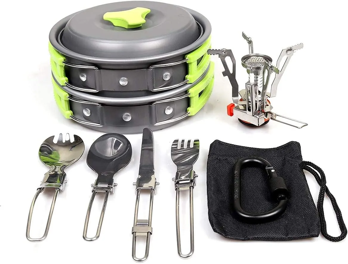 16 Pcs Camping Cookware Set Mess Kit Backpacking Cookset Outdoor Hiking Picnic Non-Stick Cooking Anodized Aluminum Pot Pans Folding Utensils (Color : 16 Pcs-Green)