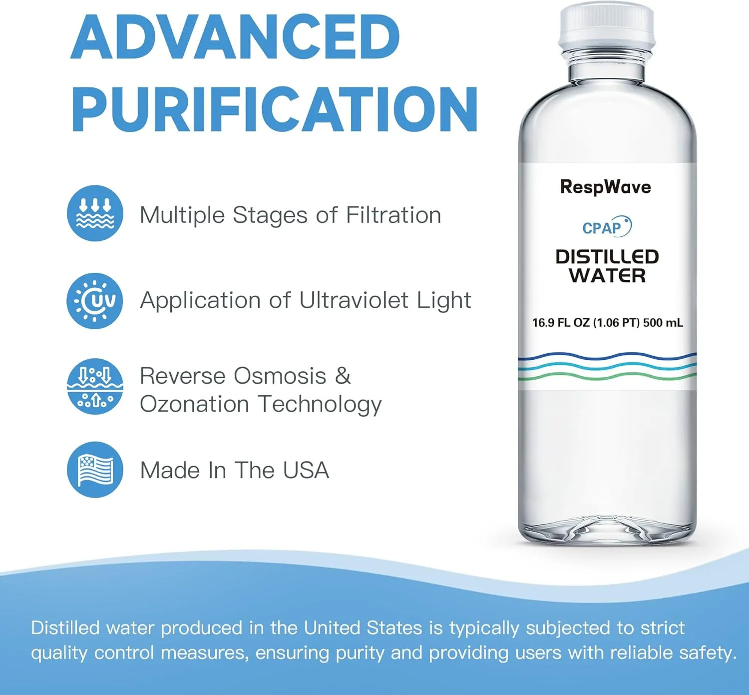 16.9 oz 12-Pack Distilled Water for CPAP Machines | Made in USA | Use with ResMed and Respironics Machines | Travel-Friendly, Clean, Multi-Use