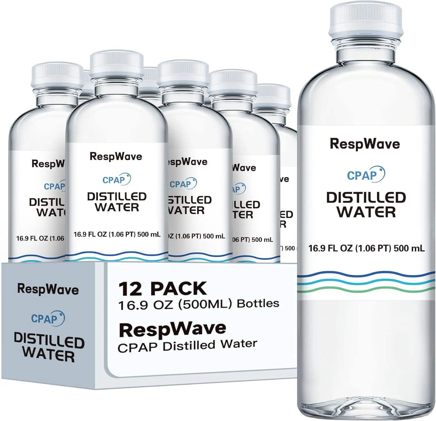 16.9 oz 12-Pack Distilled Water for CPAP Machines | Made in USA | Use with ResMed and Respironics Machines | Travel-Friendly, Clean, Multi-Use
