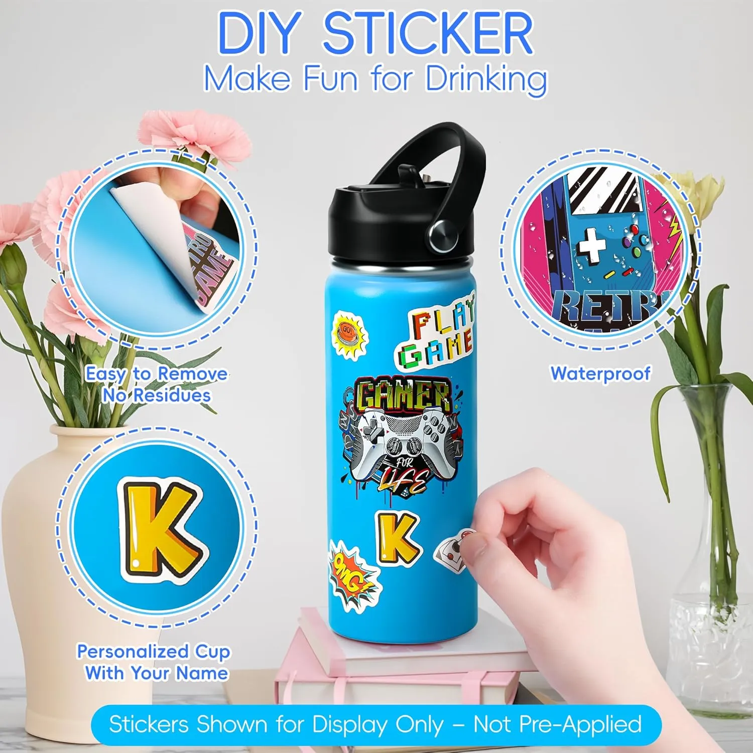 18oz Stainless Steel Water Bottle with Straw Lid,Insulated Double Wall Water Bottle Wide Mouth for Kids Boys Girls, DIY Funny Sticks Gaming for Sports, Travel,Picnic and School (Blue)