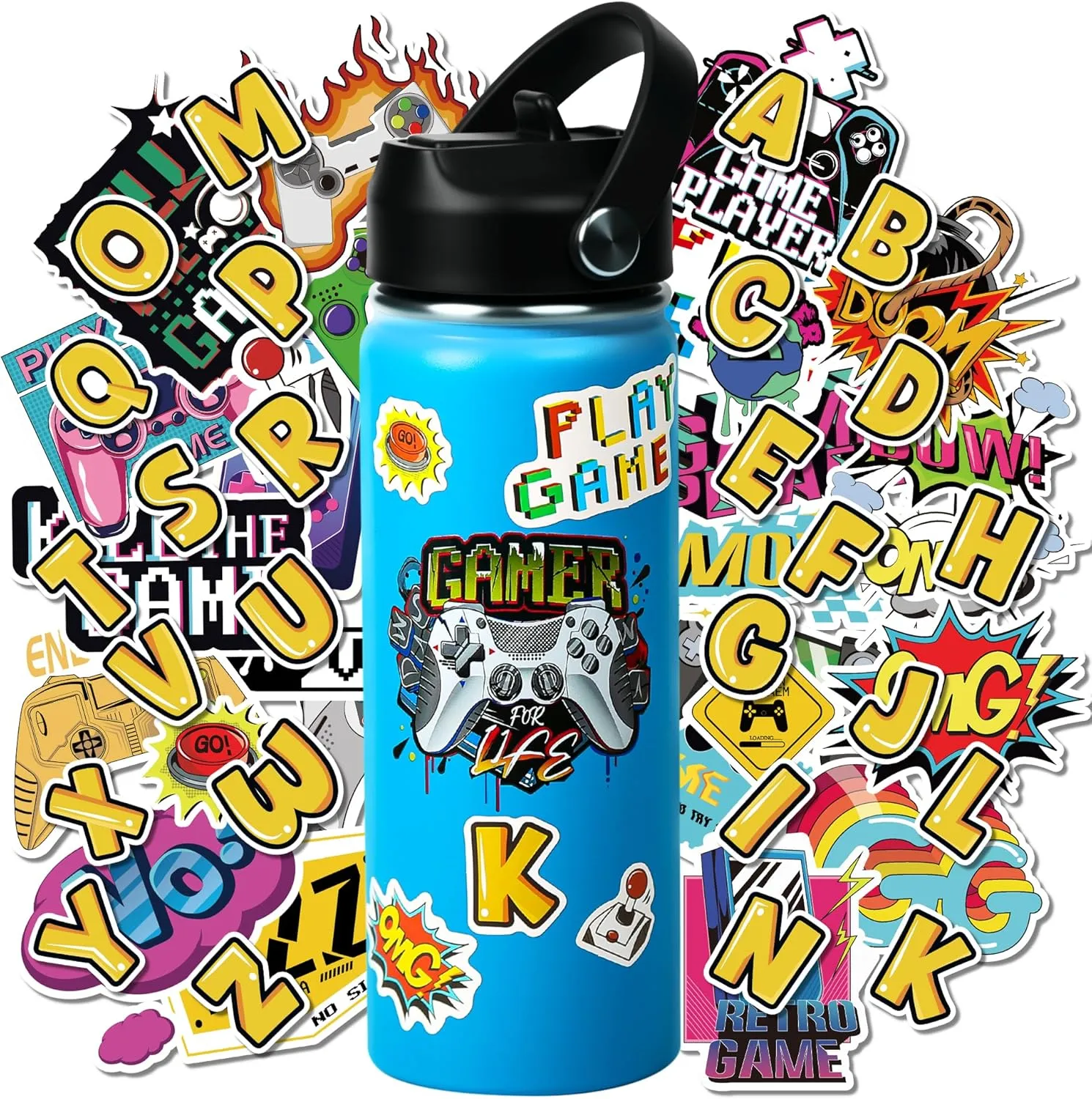 18oz Stainless Steel Water Bottle with Straw Lid,Insulated Double Wall Water Bottle Wide Mouth for Kids Boys Girls, DIY Funny Sticks Gaming for Sports, Travel,Picnic and School (Blue)