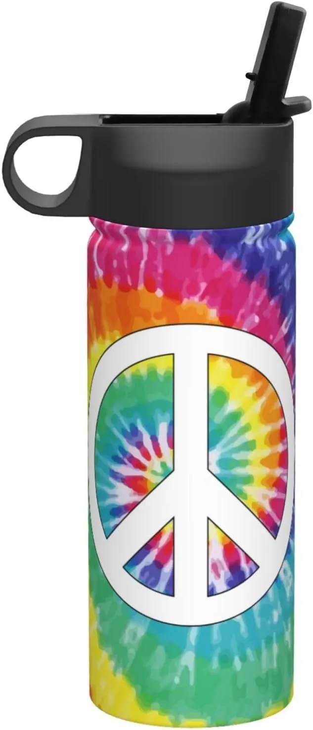 18oz Tie Dye Peace Insulated Water Bottles With Straw, Steel Double Walled Vacuum Sports Water Bottle for Travel