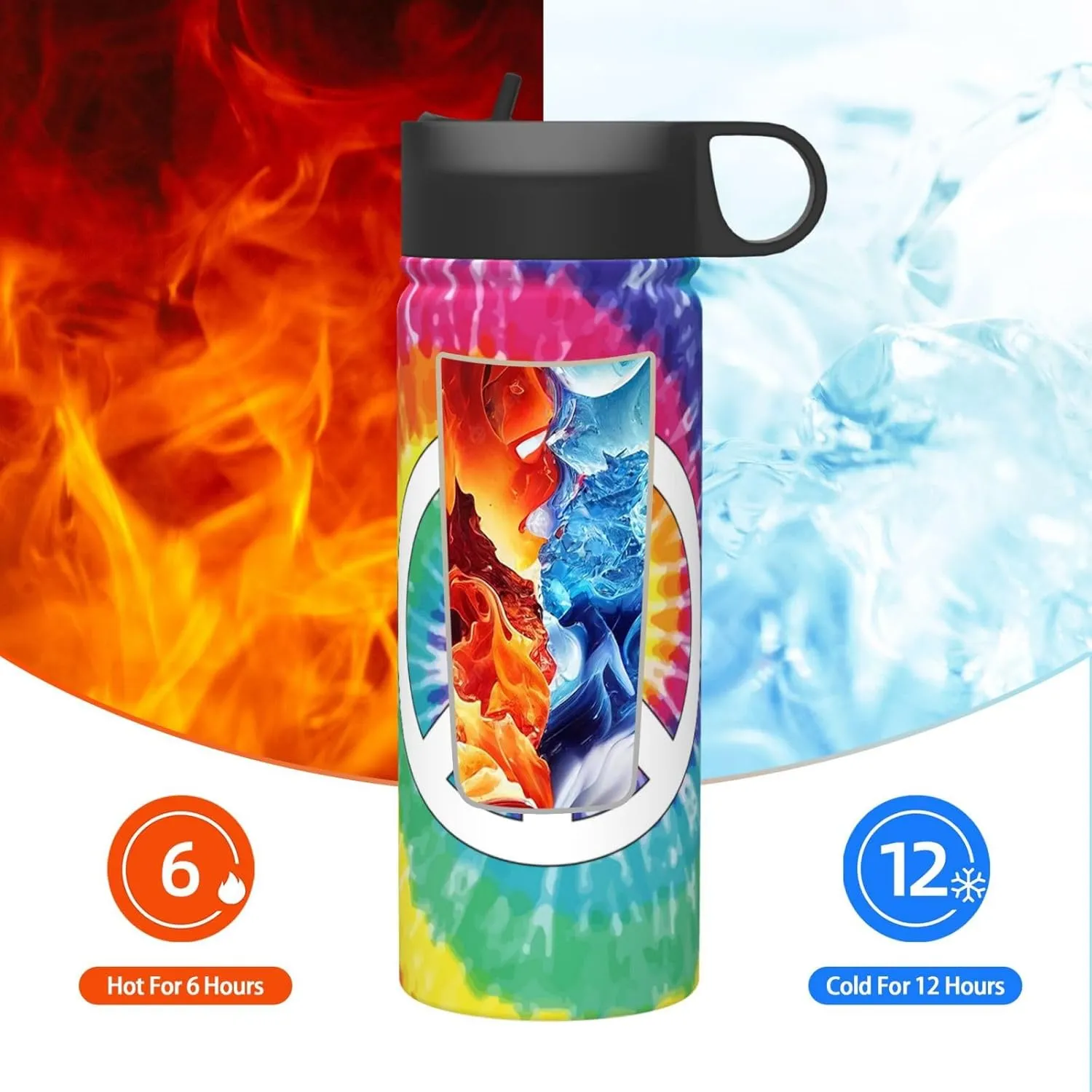 18oz Tie Dye Peace Insulated Water Bottles With Straw, Steel Double Walled Vacuum Sports Water Bottle for Travel