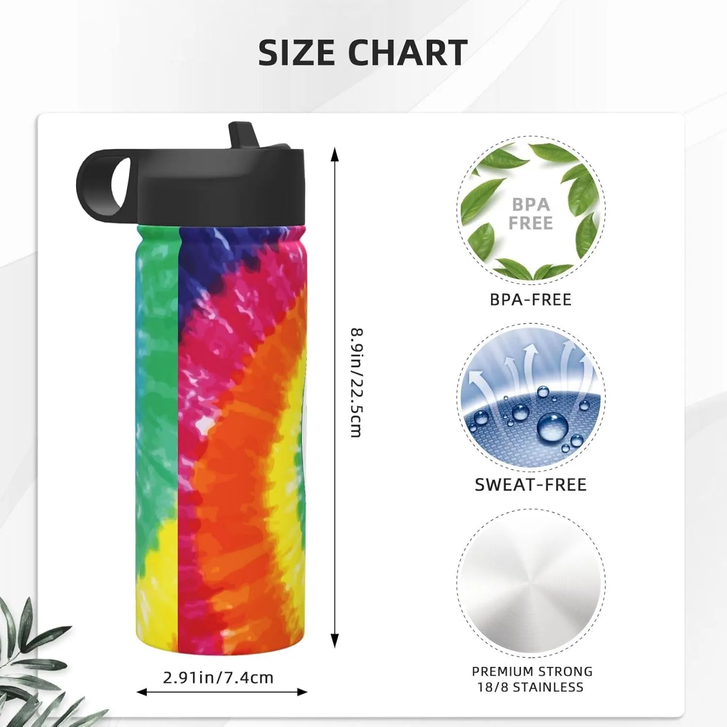 18oz Tie Dye Peace Insulated Water Bottles With Straw, Steel Double Walled Vacuum Sports Water Bottle for Travel