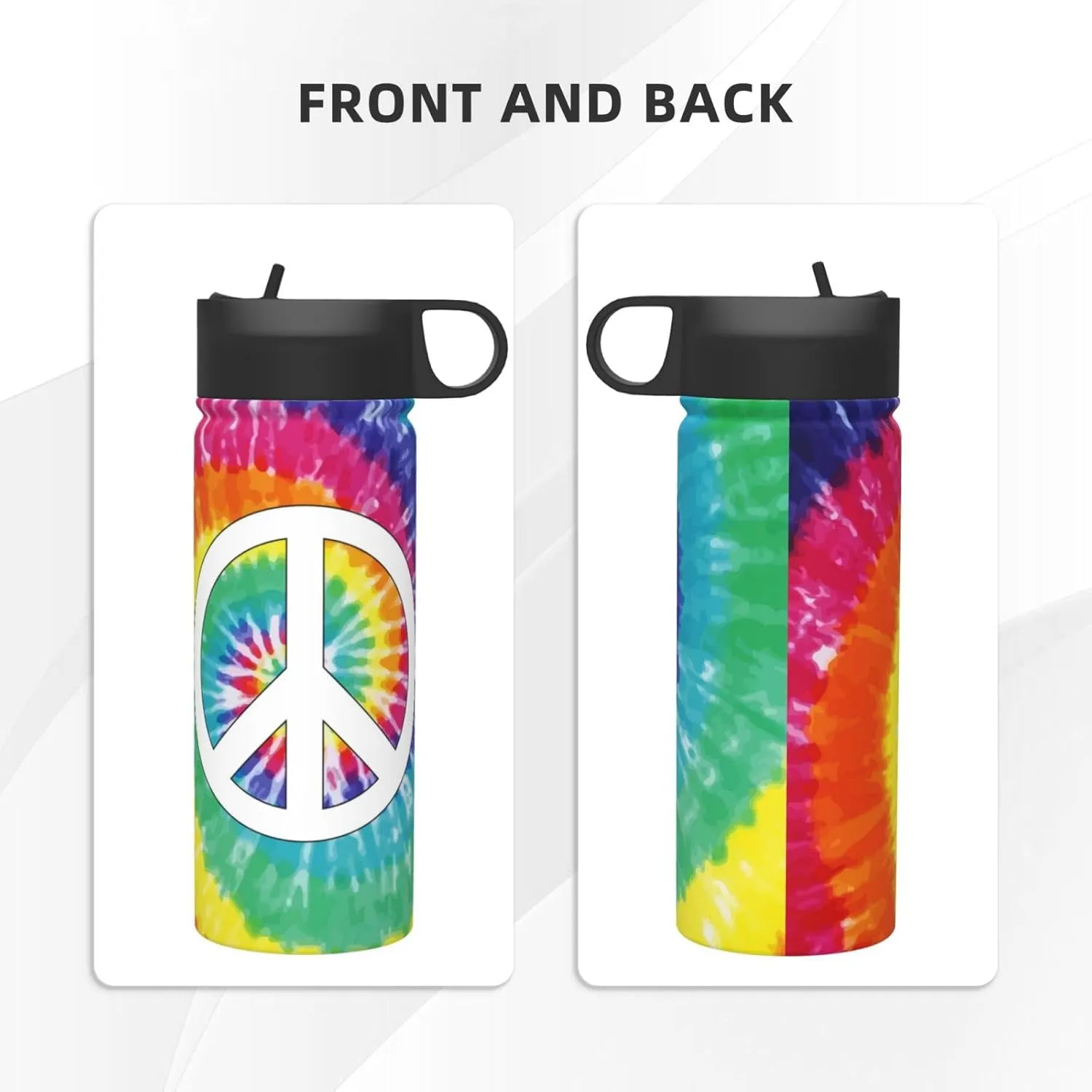 18oz Tie Dye Peace Insulated Water Bottles With Straw, Steel Double Walled Vacuum Sports Water Bottle for Travel