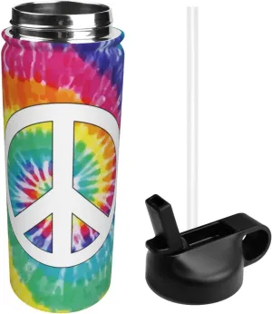 18oz Tie Dye Peace Insulated Water Bottles With Straw, Steel Double Walled Vacuum Sports Water Bottle for Travel