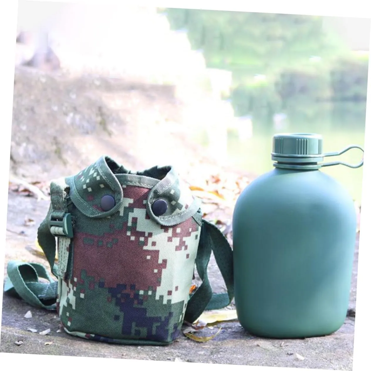 1set Aluminum Alloy Water Bottle Canteen for Camping Hiking Survival Design with Snap Closure Pouch Hook for Easy Carrying