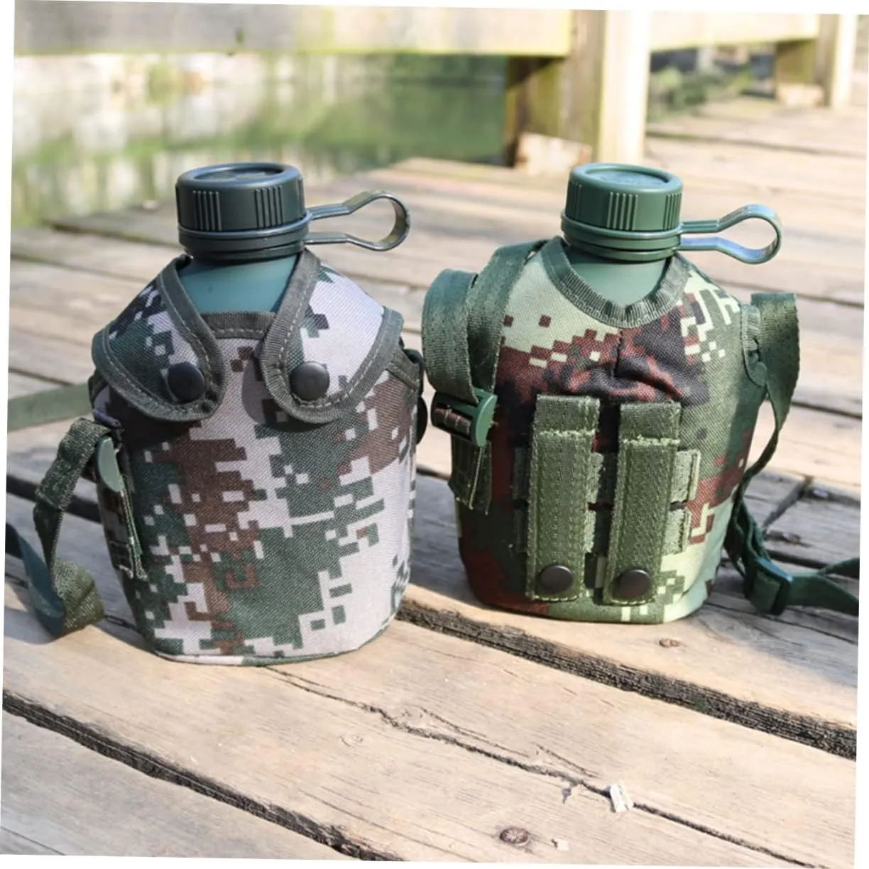 1set Aluminum Alloy Water Bottle Canteen for Camping Hiking Survival Design with Snap Closure Pouch Hook for Easy Carrying
