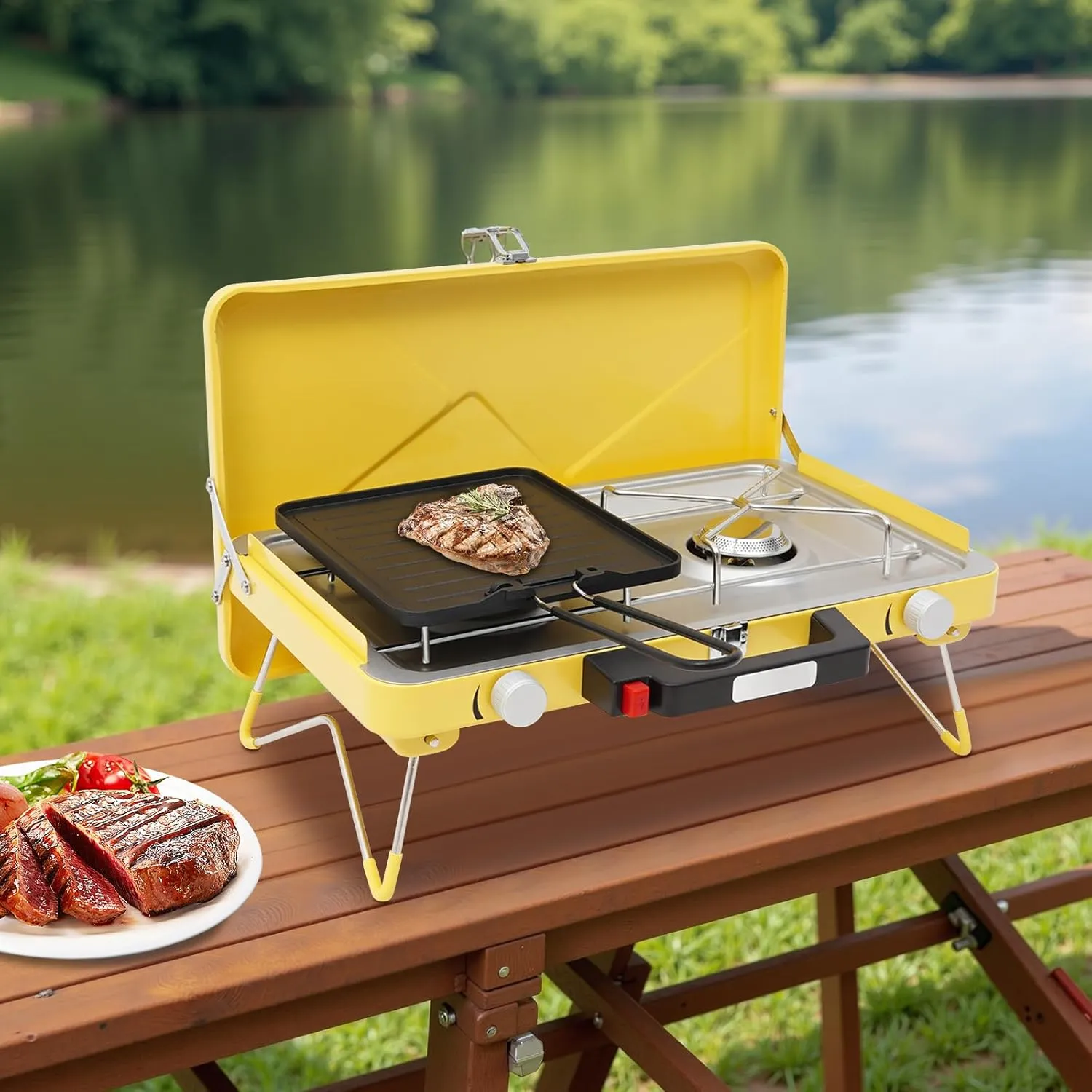 2-Burner Camping Stove Portable Dual Burner Outdoor Cooker, 7000W High-Output Foldable Gas Stove with Windproof Design for Camping Picnics RV Adventures (Yellow)