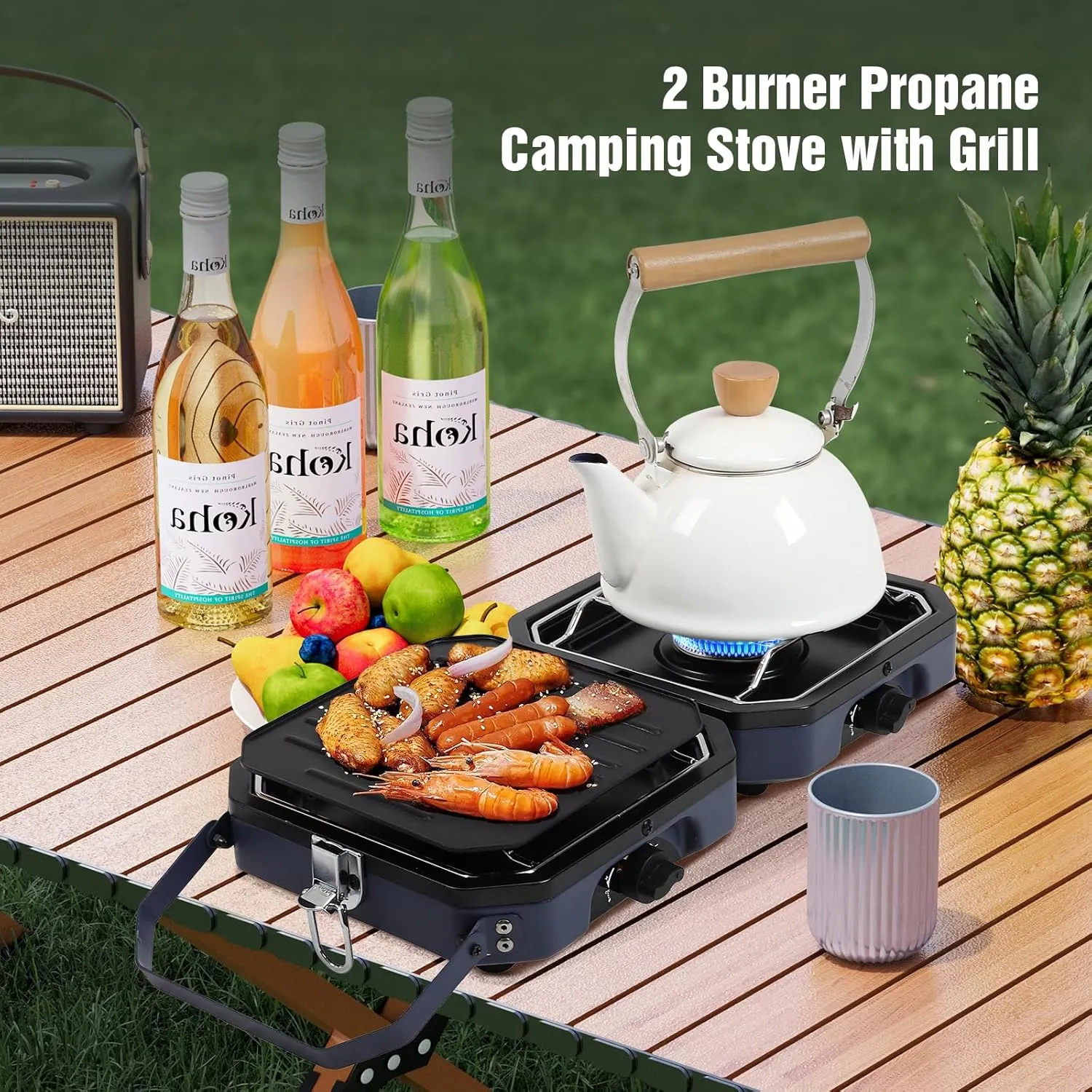 2 Burner Camping Stove with Carrying Bag, 16000 BTU Portable Propane Stove for Camping, Foldable camping stove with two side shelves and adjustable burners for outdoor barbecues(Blue)