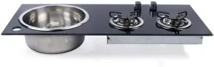 2 Burner Gas Stove Hob and Stainless Steel Sink Combo Portable 2 Burner LPG Gas Stove Countertop Gas Hob Dual Fuel Cooktops Gas Cooker for Boat RV Camper Caravan Outdoor Apartments