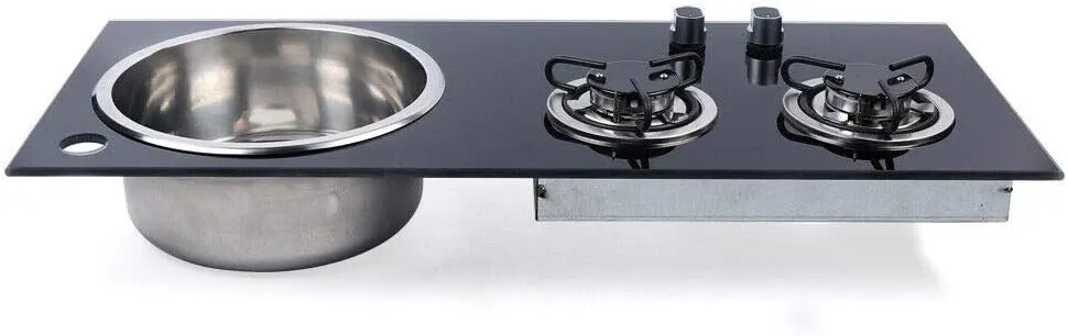 2 Burner Gas Stove Hob and Stainless Steel Sink Combo Portable 2 Burner LPG Gas Stove Countertop Gas Hob Dual Fuel Cooktops Gas Cooker for Boat RV Camper Caravan Outdoor Apartments
