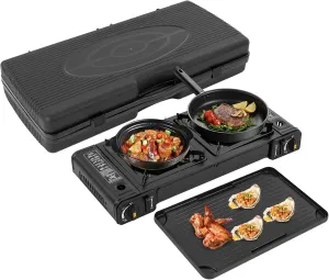 2-Burner Portable Camping Stove, Butane Camping Stove with Non-sticking Grill Tray, Outdoor Travel Camp Stove for Camping, BBQ, Home